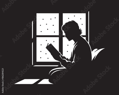 Person Silhouette Reading Book by Window, Calm and Mindful Indoor Lifestyle Concept in Black and White