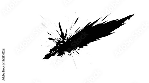 Dynamic black ink splash explosion with sharp radiating lines and scattered droplets on a white background.