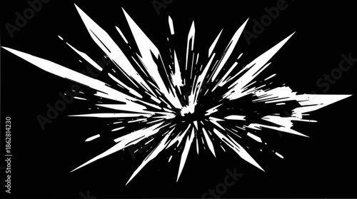 Abstract white explosion burst with sharp, dynamic lines radiating outwards on a stark black background, creating a high-contrast visual effect.
