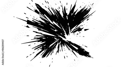 Abstract black ink splash with shattered and explosive dynamic brush stroke effect.