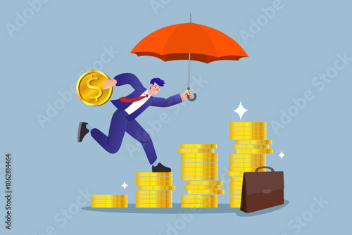 Businessman running up gold coin stack stairs holding umbrella and money. Flat vector illustration for financial investment protection, insurance safety and business wealth growth.