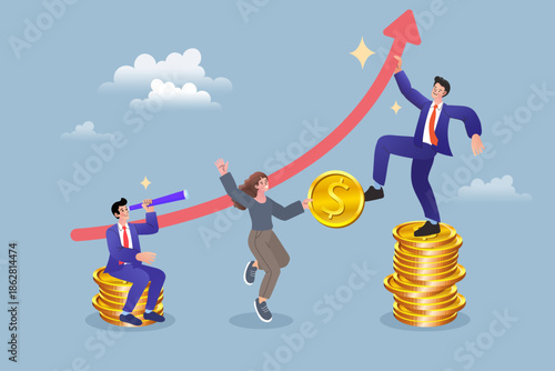 Business team working together for financial growth success. Man using telescope to forecast market while partners climbing rising red arrow graph on gold coin stacks.