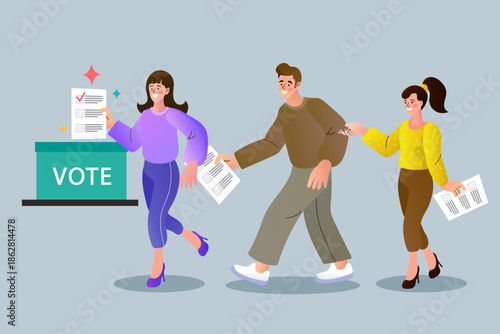 People standing in line to put paper in ballot box for election vote. Flat vector illustration for democratic rights, political campaign and polling station concept.