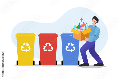 Man holding box of garbage standing near colorful recycling bins. Flat vector illustration for waste sorting management, environmental protection and ecology sustainability concept.