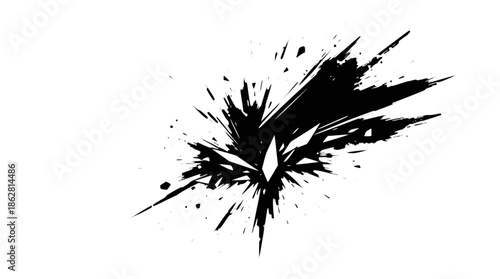 A dynamic black ink splatter with sharp, jagged edges exploding outwards on a clean white background, creating an abstract and energetic visual.