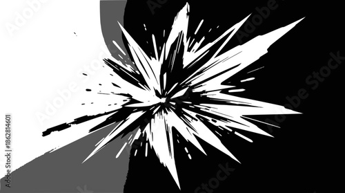 Abstract black ink splatter with sharp, jagged edges exploding outwards on a clean white background.