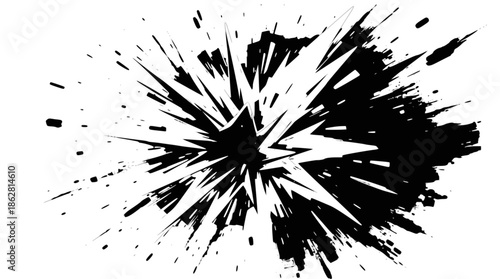 A dynamic black ink splatter with sharp, jagged edges exploding outwards on a clean white background, creating an abstract and energetic graphic element.