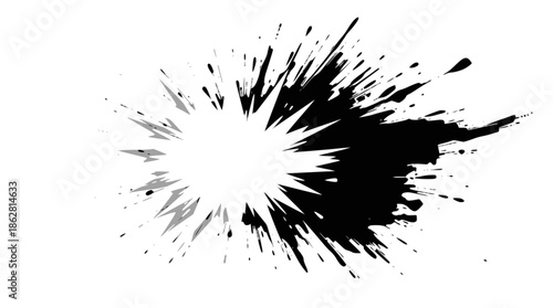 A dynamic abstract black and white graphic design featuring sharp, fragmented shapes and splatters, creating an explosive visual effect with a grey shadow.