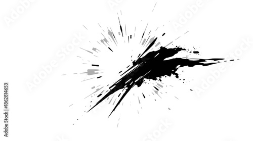 A dynamic black ink splatter or abstract explosion with sharp, fragmented edges on a clean white background.