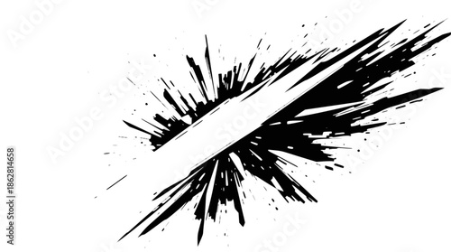 Dynamic black ink splatter with a sharp white diagonal streak creating an explosive grunge effect.
