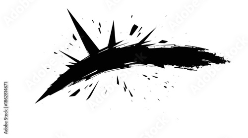 A dynamic black ink brush stroke with sharp, spiky edges and splatters, creating an abstract and aggressive visual effect.
