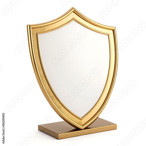 Golden shield award frame with empty center, clean professional design, glossy finish, isolated emblem for corporate achievement recognition events ceremonies