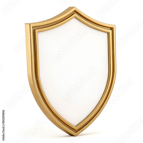 Golden shield award frame with empty center, clean professional design, glossy finish, isolated emblem for corporate achievement recognition events ceremonies