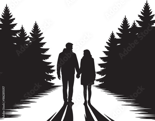 Couple Silhouette Walking Together in Forest, Love and Relationship Concept in Black and White