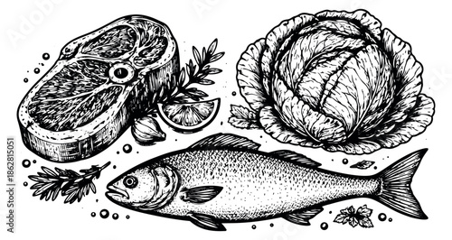 Hand drawn line art food ingredients set featuring meat, fish, and vegetables for culinary design