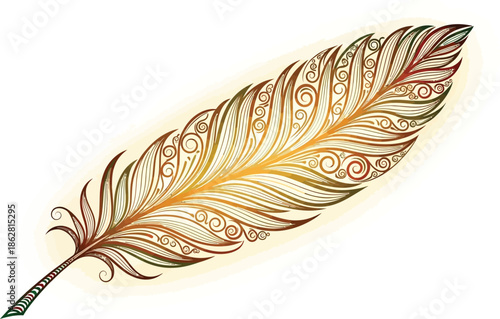 Detailed golden and green feather with intricate filigree patterns