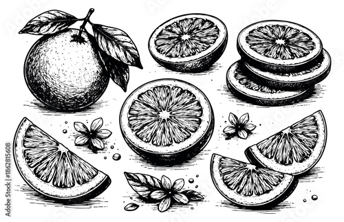 Hand drawn line art orange fruit set featuring a whole orange, sliced halves, wedges, leaves, and blossoms for food and beverage designs