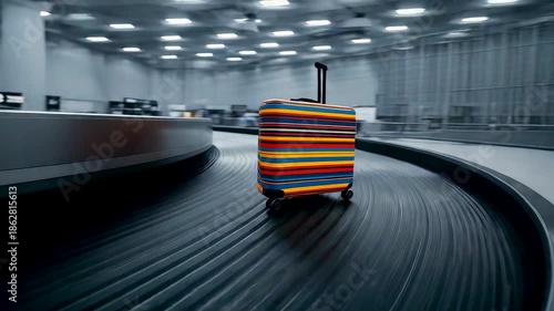 Colorful striped suitcase traveling alone on moving airport baggage carousel in empty terminal