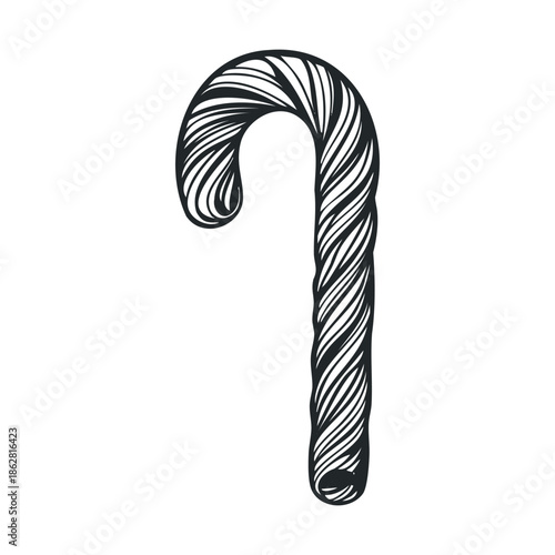 A graphic black and white candy cane illustration with swirling stripes offers a classic holiday symbol perfect for seasonal greetings, winter event promotions, and festive decorations.
