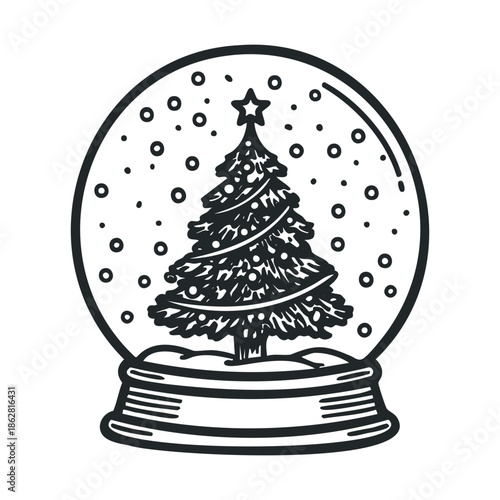 Traditional festive snow globe featuring a decorated evergreen Christmas tree and falling snowflakes, perfect for holiday greetings and winter celebration themed graphics.