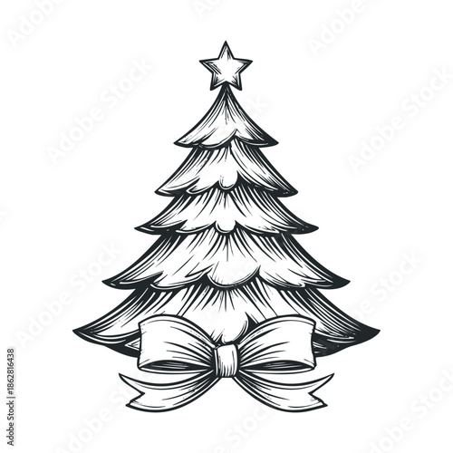 Traditional hand drawn Christmas tree with a star and festive ribbon bow, perfect for holiday greetings and seasonal winter decoration