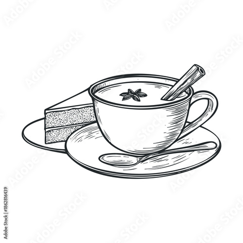Hand drawn hot beverage cup with cinnamon stick and star anise and a slice of cake on a plate for cozy cafe menus or winter holiday season promotions