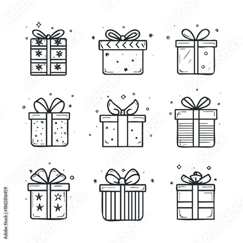 A collection of handdrawn doodle style gift boxes and presents perfect for holiday greetings, special occasion marketing materials, social media posts, and event invitations