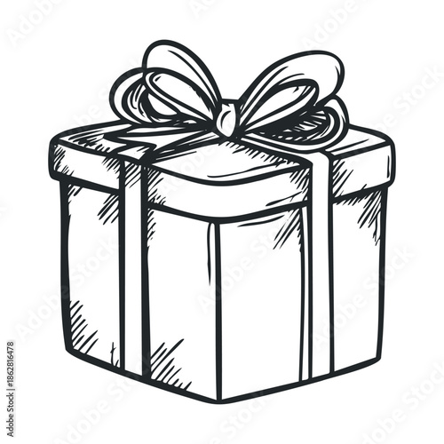 Hand drawn sketch of a present box with a festive bow, perfect for holiday greetings, birthday wishes, and special occasion celebrations