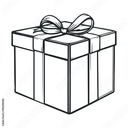 A line drawing of a simple gift box with a decorative bow on top, perfect for holiday greetings, birthday celebrations, or special occasion promotions and presentations.