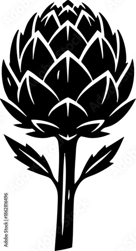 Stylized black and white illustration of a whole artichoke