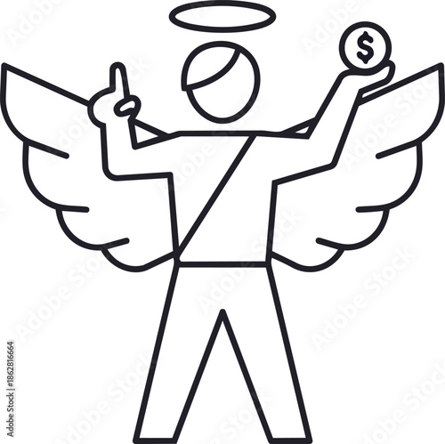 Angel Investor Line Icon with Dollar Coin and Halo. Financial support, startup funding, and capital concept.