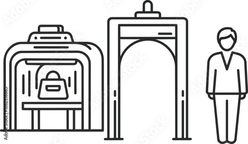 Airport Security Checkpoint: Baggage Scanner, Metal Detector & Person Line Art Icon