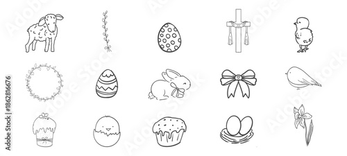 Easter spring basket with flowers, eggs and bows. Chickens, leaves sketchy free hand spring bouquet. Easter cute set. 