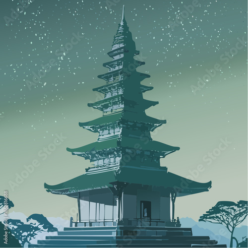Stylized graphic illustration of a traditional multi-tiered Asian pagoda temple.