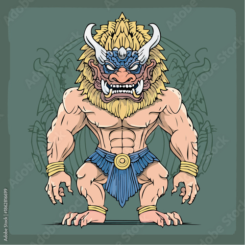 Fierce mythical lion guardian with a muscular humanoid body.