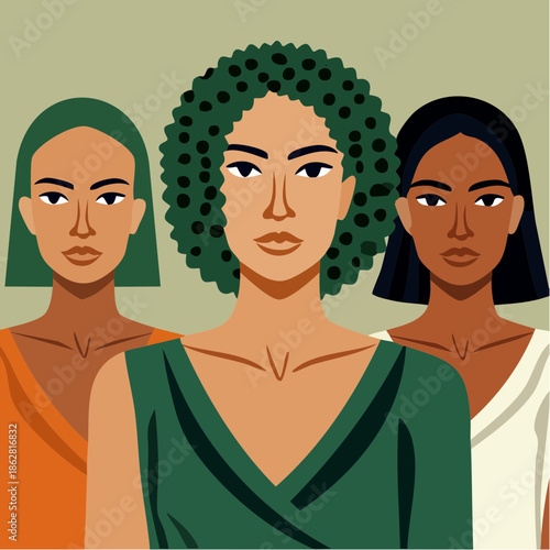 A powerful illustration of female solidarity featuring three diverse women.