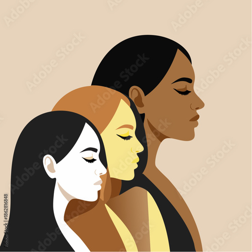 Profile illustration of three diverse women representing unity and sisterhood.