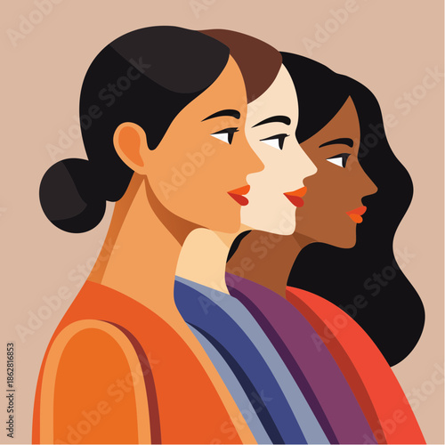 A Diverse Group of Three Women Standing Together in Profile.