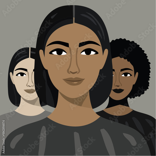 Illustration of three diverse women with mysterious glowing red eyes.