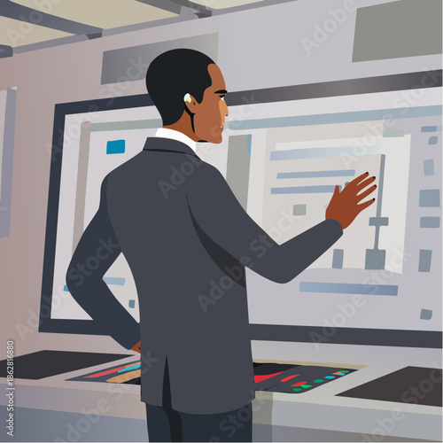 Businessman in a dark suit with an earpiece gestures at a large screen.