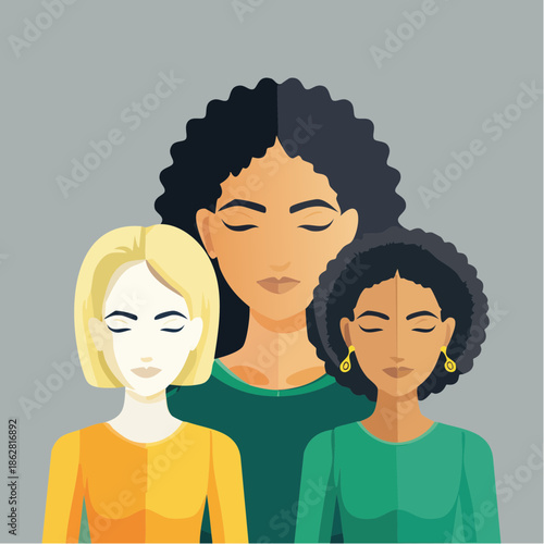 Portrait of three diverse women with different skin tones and hair.