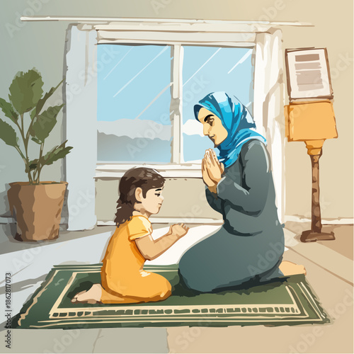 A devout Muslim mother teaching her young daughter how to pray at home.