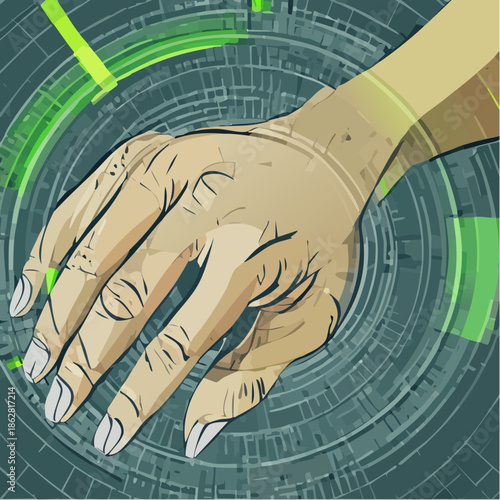 Stylized illustration of a human hand with a futuristic wrist device.