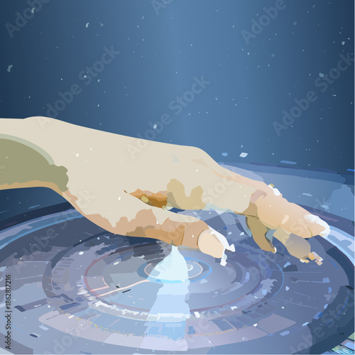 Stylized illustration of a DJs hand scratching a vinyl record on a turntable.