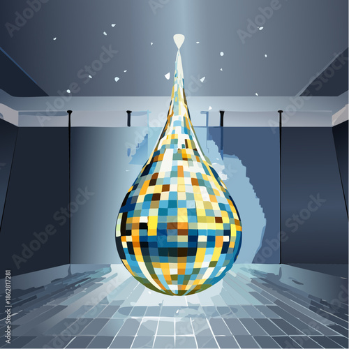 A vibrant multicolored pixelated droplet suspended in mid-air.