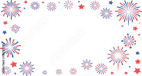 Red and blue firework border with patriotic stars and festive starbursts for celebration frame