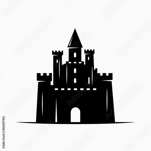 Castle Logo Silhouette Icon Design. Black Stylized Fortress Illustration with Towers and Battlements, Representing Power, History, and Protection on a White Background.