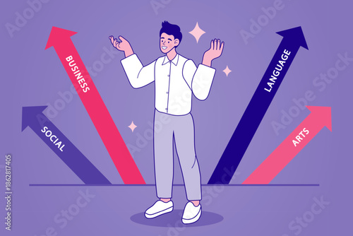 Student deciding university major concept. Young man choosing between Business, Social, Language and Arts faculties to plan future academic career path and professional specialization.