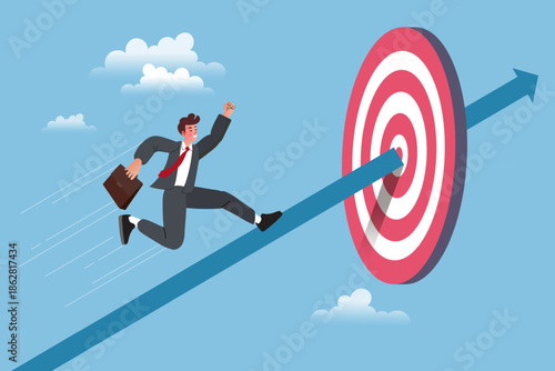 Business success and goal achievement concept with businessman running on arrow to hit target bullseye for career growth and leadership development strategy illustration.