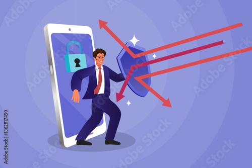 Cyber security and mobile data protection concept with businessman holding shield to block arrow attacks for smartphone safety and privacy risk management strategy.